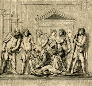 Pyhä Antonius herättää henkiin hukkuneen naisen, Jacopo Sansovinon (1486-1570) marmorireliefi, Pyhän Antoniuksen Padovalaisen basilika, Padova, Veneto, Italia tekijältä Jacopo (1486 1570) Sansovino