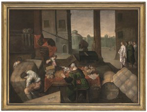 Pyhän Matteuksen kutsuminen (öljy kankaalle) tekijältä Jacopo (1510 92) (circle) Bassano