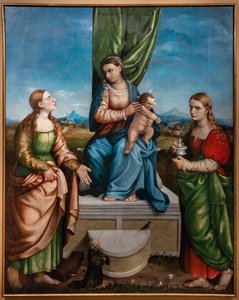 Istui Madonna Jeesuksen kanssa pyhien Katariinan ja Maria Magdaleenan välillä, 1500-luvun kolmas vuosikymmen (öljy kankaalle) tekijältä Jacopo (1510-92) Bassano