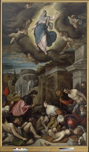 St. Roch vierailee ruton uhrien luona, n. 1575 (öljy kankaalle) tekijältä Jacopo Bassano