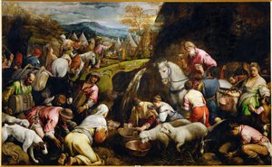 Israelilaiset juovat vettä, joka ihmeellisesti kumpuaa kalliosta (maalaus kankaalle).