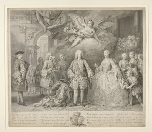 Ferdinand VI ja hänen kuningattarensa Maria Barbara Braganzasta Scarlattin ja kuuluisan italialaisen kastraatin Farinellin kanssa tekijältä Jacopo (after) Amigoni