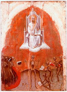 Vasen paneeli Ilmestyskirjan polyptyykistä: Kristus elämänkirjan kanssa. Jacobello Alberegnon Detrempe puulla (noin 1367-1397) 1360-1390. Gallerie dell