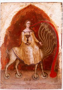 Ilmestyskirjan polyptyykin vasen paneeli: beetillä on seitsemän päätä ja sen päällä istuva nainen, rikas prostituoitu. Jacobello Alberegnon Detrempe puulla (noin 1367-1397) 1360-1390. Gallerie dell