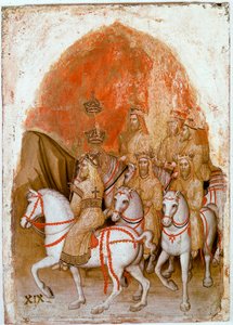 Ilmestyskirjan polyptyykin oikea paneeli: esitys seitsemästä Kuninkaasta, jotka sitten inkarnoituvat Bete seitsemällä päällä. Detrempe puulla, Jacobello Alberegno (1367-1397 noin) 1360-1390. Gallerie dell