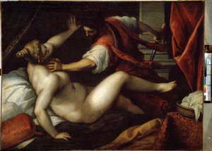 Tarquin ja Lucretia (Tarquinius ja Lucretia). Sextus Tarquinius raiskaa Lucretiuksen, tapahtuma, joka olisi johtanut monarkian kaatumiseen ja tasavallan syntymiseen muinaisessa Roomassa vuonna 509 eaa. Jacopo Palma il Giovanen maalaus (The Young tekijältä Jacopo Il Giovane Palma