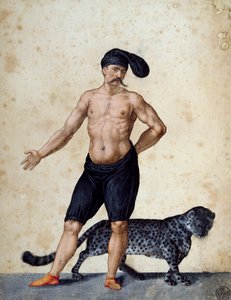 Nuori afrikkalainen mies seisoo edessä, puolipukeutunut pitkä berretta (lippis) päässä, tiikeri takana, piirros Jacopo Ligozzi (1547-1627) tekijältä Jacopo Ligozzi