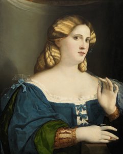 Nuori nainen sinisessä mekossa tuulettimen kanssa, 1512-1514