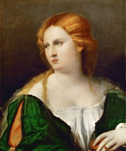 Nuori nainen vihreässä mekossa, laatikko kädessään, n. 1514