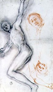 Tutkimus Kristuksesta naulattuna ristille, päätä harjoiteltiin kahdesti (musta ja punainen liitu) tekijältä Jacopo Pontormo