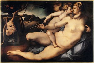 Venus ja Cupid (Venus ja Cupid) maalaus Jacopo Carrucci dit il Pontormo (Pontormo) (1494-1556) 1532-1534 Koko 128x197 cm Firenze, Accademia Gallery Italia