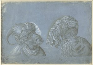 Kaksi miehen päätä päähineillä Miesten päät ulkomaalaisten päähineillä (sarjan nimi) tekijältä Jacopo Ripanda (attributed to)