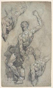 Michelangelon "Samson ja filistealaiset" tutkimukset n. 1575–1585 (liitu, puuhiili, guassi, paperi) tekijältä Jacopo Robusti (workshop of) Tintoretto