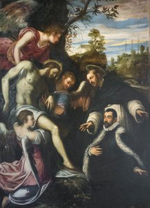 Kuollut Kristus kolmen enkelin, pyhän Dominikuksen ja lahjoittajan tukemana. tekijältä Jacopo Robusti Tintoretto