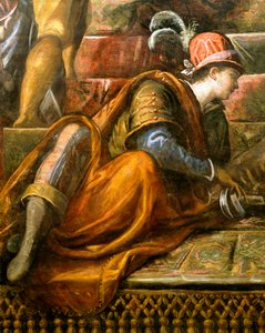 Doge Niccolo da Ponte vastaanottaa oliivinoksaa Venetsiasta, kirjoittanut Jacopo Robusti, joka tunnetaan nimellä Tintoretto (1518-1594), Detail, Sala del Maggior Consiglio (Suurneuvoston sali), Palazzo Ducale, Venetsia tekijältä Jacopo Robusti Tintoretto
