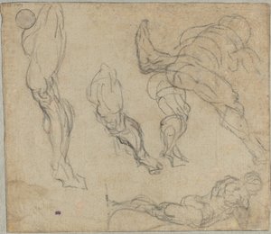 Figuurit ja jalat, 1575-80 (musta liitu lyötyyn paperiin) tekijältä Jacopo Robusti Tintoretto