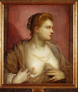 Nainen paljastaa rintansa; ehkä kuuluisa venetsialainen kurtisaani Veronica Franco ... (maalaus kankaalle) tekijältä Jacopo Robusti Tintoretto