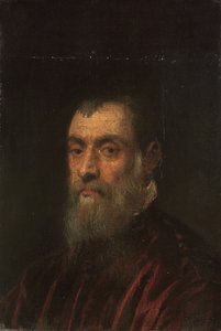 Muotokuva parrakkaasta miehestä, rinnan mittainen, punaisessa mekossa tekijältä Jacopo Robusti Tintoretto