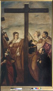 Pyhät Helena, Barbara, Andreas, Macarius, toinen pyhimys ja uskovainen palvovat ristiä, n. 1560 (öljy kankaalle) tekijältä Jacopo Robusti Tintoretto