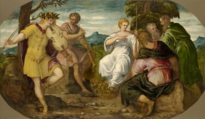 Musiikkikilpailu Apollon ja Marsyasin välillä, noin 1545. tekijältä Jacopo Robusti Tintoretto