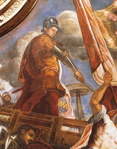Venetsialaiset taistelevat aragonialaisia vastaan Gallipolissa, kirjoittanut Jacopo Robusti, joka tunnetaan nimellä Tintoretto (1518-1594), Detail, Sala del Maggior Consiglio (Suurneuvoston sali), Palazzo Ducale, Venetsia tekijältä Jacopo Robusti Tintoretto