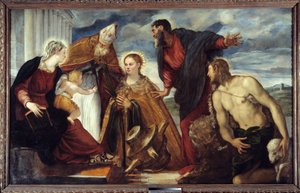 Neitsyt ja lapsi Pyhän Katariinan, Pyhän Augustinuksen, Pyhän Markuksen, Pyhän Johannes Kastajan kanssa Jacopo Robustin maalaus dit Il Tontoretto (Tintoret) 1549 su. 1,93x3,14 m Lyon, Musee des Beaux Arts tekijältä Jacopo Robusti Tintoretto