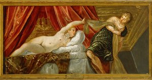 Joosefin siveys - Joosef ja Potifarin vaimo ... (maalaus kankaalle) tekijältä Jacopo Robusti Tintoretto