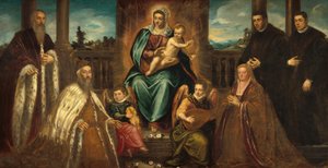 Doge Alvise Mocenigo ja perhe ennen Madonnaa ja lasta, n. 1575.