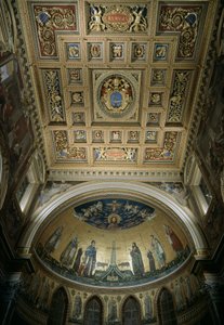 Sisäkuva Pyhän Johanneksen basilikan (San Giovanni in Laterano) apsisista. Jacopo Torritin mosaiikki (toimii noin 1291-1300-luvulla) ja Jacopo da Camerino (toimii noin 1288-1331), jotka edustavat Jerusalem Celesteä. Rooma tekijältä Jacopo Torriti