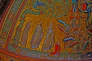 Pyhä Franciscus, Pyhä Paavali, Pyhä Pietari, paavi Nikolai IV ja enkelit osallistumassa Neitsyen kruunajaisiin, apsi, n. 1290 mosaiikki tekijältä Jacopo Torriti