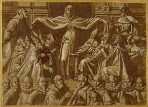 Madonna della Misericordia Sts. Franciscus ja Dominic muiden pyhimysten ja hallitsijoiden sekä lahjoittajien perheen kanssa (kynä ja ruskea muste pesuaineella ja valkoinen vartaloväri paperilla) tekijältä Jacopo Zucchi