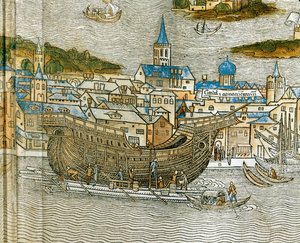 Kaleerin rakentaminen Venetsian telakalla, Peregrinatio in Terram Sanctam -teoksesta, joka painettiin ensimmäisen kerran latinaksi vuonna 1486... (puupiirros). tekijältä Jacopo de