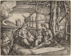 Pyhä perhe Pyhän Elisabetin ja pikkulapsen pyhän Johannes Kastajan kanssa, n. 14991501. tekijältä Jacopo de Barbari