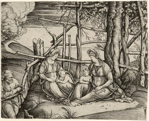 Pyhä perhe Pyhän Elisabetin ja Pyhän Johanneksen lapsen kanssa, n. 1499-1501 tekijältä Jacopo de Barbari