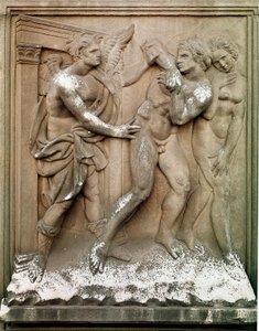 Adam ja Eeva metsästävät maallisen paratiisin Matala kohokuvioitu marmori, kirjoittanut Jacopo Della Quercia (1374 / 8-1438) 1430-1435 Koko 86x68 cm Bolognan San Petronion kirkko