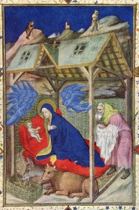 MS 11060-11061 Notre Damen tunnit: Prime, Kristuksen syntymä, Tres Riches Heures du Duc de Berry -teoksesta, 1400-luvun alun pergamentti, yksityiskohta 67618:sta.