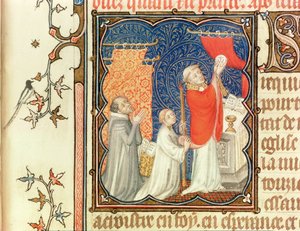 Ms Lat 18014 Jean de France (1340-1416) Berryn herttua rukoilee ennen sotajoukkoa, Les Petites Heures de Duc de Berrystä, n. 1385-1390