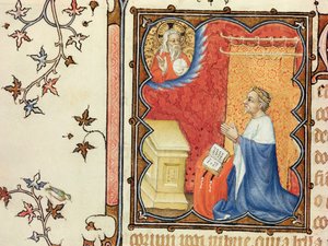 Ms Lat 18014 Jean de France (1340-1416) Berryn herttua rukoilemassa ikuisen isän edessä, Les Petites Heures de Duc de Berrystä, n. 1385-1390