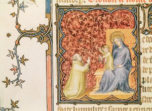 Ms Lat 18014 Jean de France (1340-1416) Berryn herttua rukoilemassa Neitsyen ja lapsen edessä, Les Petites Heures de Duc de Berrystä, n. 1385-1390