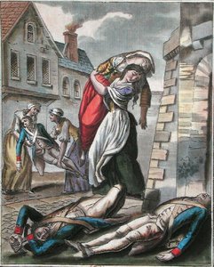Naiset auttoivat loukkaantuneita Ranskan vallankumouksen aikana, kaiverrus Labrousse, n. 1795 (värinen kaiverrus)