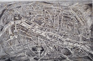 Pariisin kartta kohokuvioituna ja kärpänen ympäristöineen ja linnoituksineen. Syväpaino Jacques Alphonse Testard (1810-?) 1800-luvun Pariisi, Musee Carnavalet tekijältä Jacques Alphonse (after) Testard