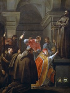 Paavi Nikolai V Pyhän Franciscus Assisilaisen haudassa, maalaus Jacques Blanchard (1600-1638)