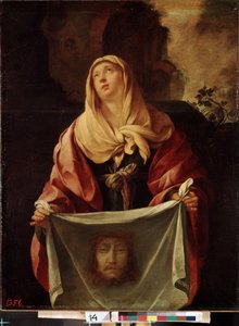 ""Pyhä Veronica"". Pyhä verho edustaa Kristuksen kasvoja, jonka hiki Veronique olisi pyyhkinyt pois noustaessaan Golgatalle. Jacques Blanchardin (1600-1638) maalaus 1633-1634 Mitat 127x98 cm Eremitaaši, Pietari (Pietari)