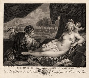 Philip II ja hänen rakastajatar Titianuksen jälkeen, n. 1780 tekijältä Jacques Bouillard