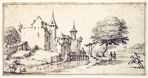 Linna laskusillalla (kynä ja ruskea muste paperille) tekijältä Jacques Callot