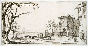 Heinänkorsi tuodaan kylän keskiaikaiselle portille, mies katkoo oksaa, Israel Silvestren albumista, noin 1630 (tussi ja tussi paperille). tekijältä Jacques Callot