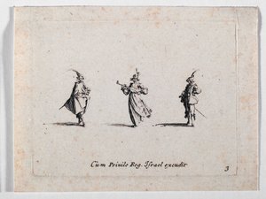 Nainen musisoimassa ja kaksi ratsumiestä, ... (kaiverrus) tekijältä Jacques Callot