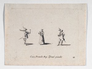 Nainen viinipullon ja kahden ratsumiehen kanssa, ... (kaiverrus) tekijältä Jacques Callot