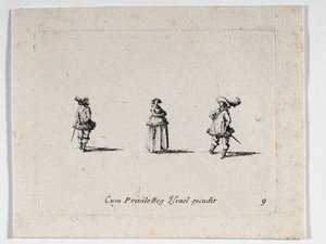 Nainen kädet ristissä ja kaksi ratsumiestä, ... (kaiverrus) tekijältä Jacques Callot