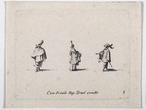 Nainen, jolla on kerätty hame, ja kaksi ratsumiestä, teoksesta Les Fantaisies de Noble J. Callot ... (kaiverrus) tekijältä Jacques Callot